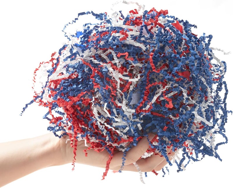 CIPOWM 16oz Patriotic Crinkle Cut Paper Shred, 3 Colors Red White Blue 4th of July Raffia Paper Shred Filler with Star Confetti Shredded Paper Grass for Gift Wrapping Craft DIY Gift Bag Box Filling Party Supply - Image 3